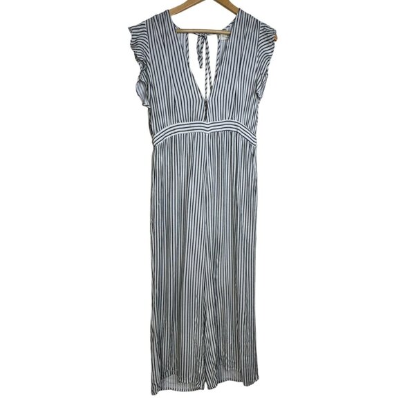 Anthropologie Saltwater LUXE Jumpsuit Large White Black Stripe Wide Leg Boho - Picture 1 of 14